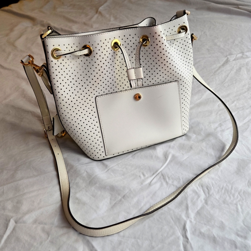 Michael Kors Greenwich white perforated leather drawstring bucket bag